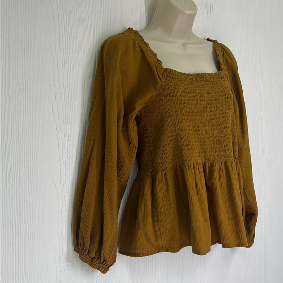 Madewell - Mustard Lucie Smocked Peplum Hem Long Sleeve Antique Gold Blouse 10 - Picture 3 of 10